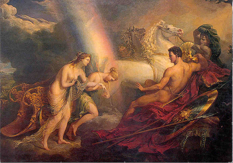 Venus, supported by Iris, complaining to Mars